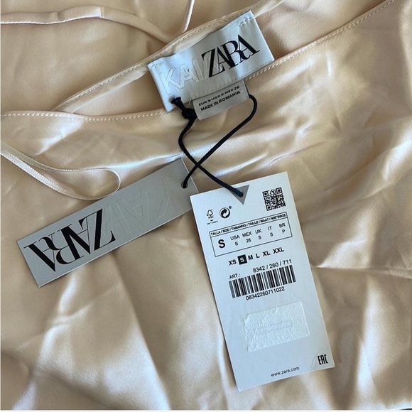 NWT ZARA x KAIA Gerber Nude Satin Long Bell Sleeve Mini Dress S - Picture 3 of 5
